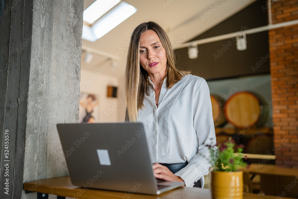 One adult mature caucasian woman work on laptop computer One adult mature caucasian woman work on laptop computer