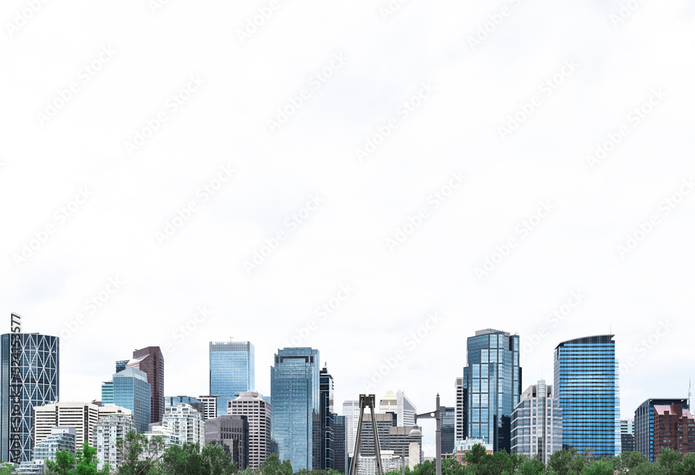 Minimal view of downtown Calgary cityscape with white sky