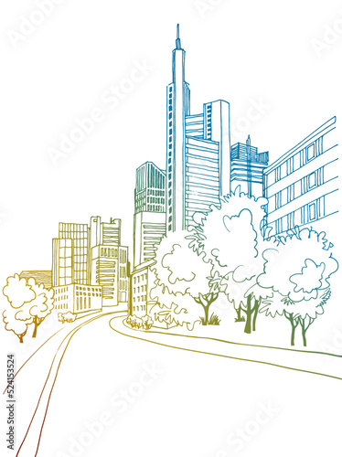 Colorful Urban line sketch with landscape of the old European city. Germany. Frankfurt am Main. Old street in hand drawn style on white background