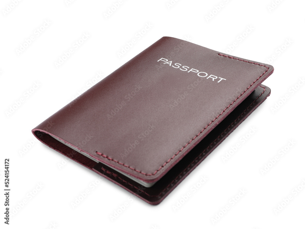 Passport in brown leather case isolated on white Passport in brown leather case isolated on white