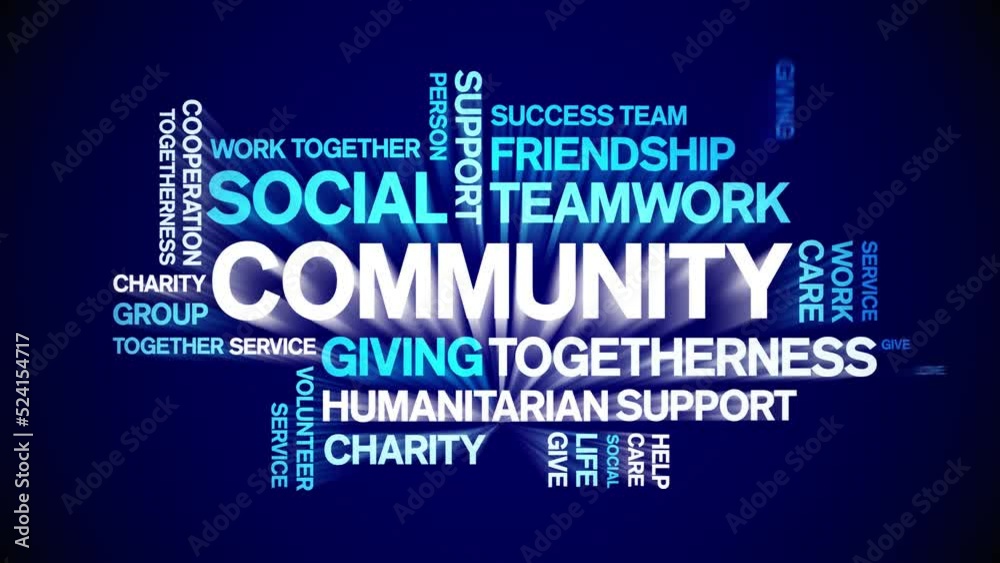 Community animated tag word cloud;text design animation kinetic typography seamless loop.