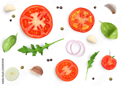 Fresh ripe tomatoes with garlic, onion, basil, arugula and peppercorns on white background, top view