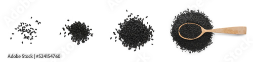 Set with black sesame seeds on white background, top view. Banner design