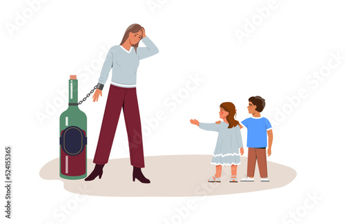 Alcohol abuse and addiction concept. Young alcoholic woman chained with bottle of wine. Children lend helping hand to their drunken mother. Alcoholism and bad habits. Cartoon flat vector illustration