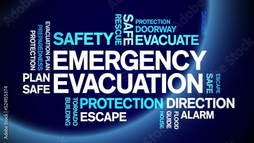 Emergency Evacuation animated tag word cloud;text design animation kinetic typography seamless loop.