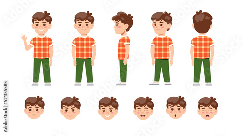 Little boy character. Full length child and face with different emotions. Set of design elements for animation with cute preschooler. Cartoon flat vector collection isolated on white background