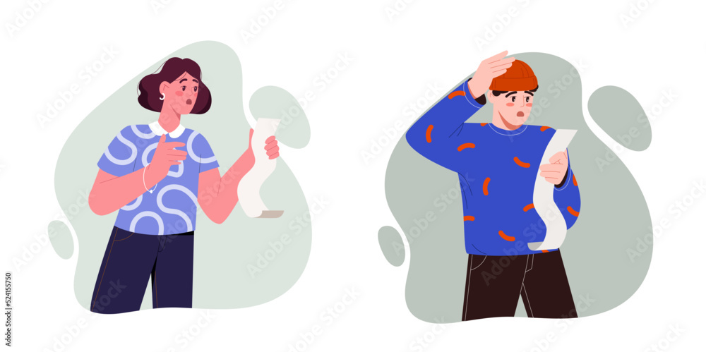 Financial problem concept. Shocked man and woman hold long check or receipt for payment. Characters surprised by high prices or expenses. Cartoon flat vector set isolated on white background Financial problem concept. Shocked man and woman hold long check or receipt for payment. Characters surprised by high prices or expenses. Cartoon flat vector set isolated on white background