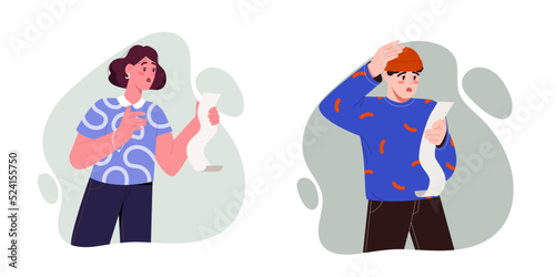 Financial problem concept. Shocked man and woman hold long check or receipt for payment. Characters surprised by high prices or expenses. Cartoon flat vector set isolated on white background