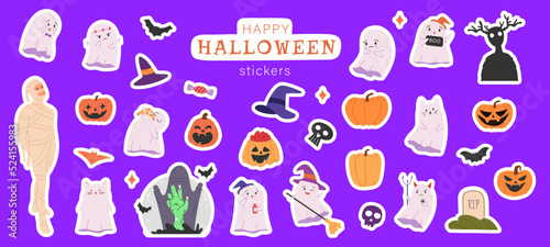 Fototapeta Naklejka Na Ścianę i Meble -  Set of Halloween stickers. Pumpkins, ghosts, mummy and bats. Isolated sticker pack with Halloween elements. Cool patches, pins in cartoon style. Flat vector stickers