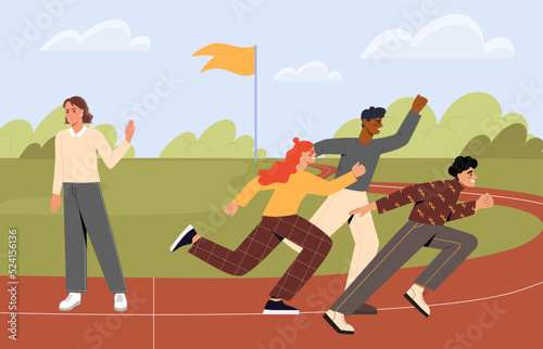 Concept of giving up career race. Female entrepreneur refusing at beginning of path to success and refuses to compete with other business people. Lack of ambition. Cartoon flat vector illustration