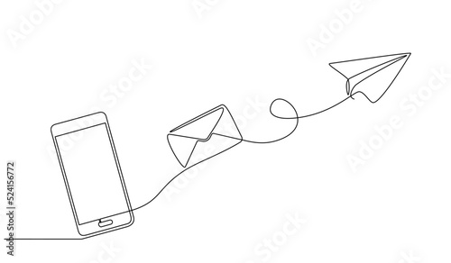 Continuous one line drawing of a chat messages on smartphone. Smartphone device concept sending instant message with flying envelope and paper airplane in doodle style. vector illustration