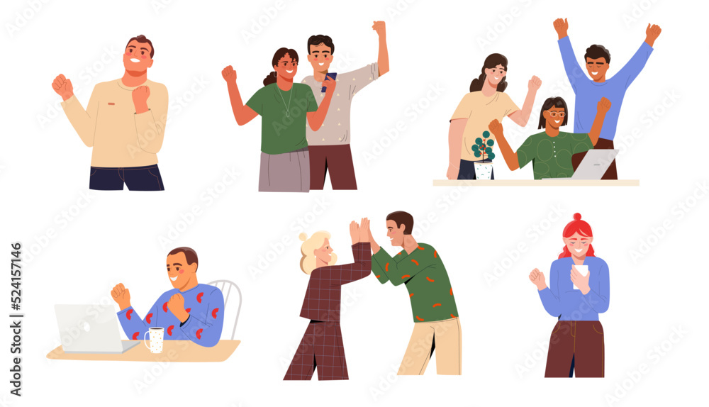 Set of happy lucky people. Young men and women celebrate success or achievement of goal. Winners rejoice in victory. Smiling characters. Cartoon flat vector collection isolated on white background