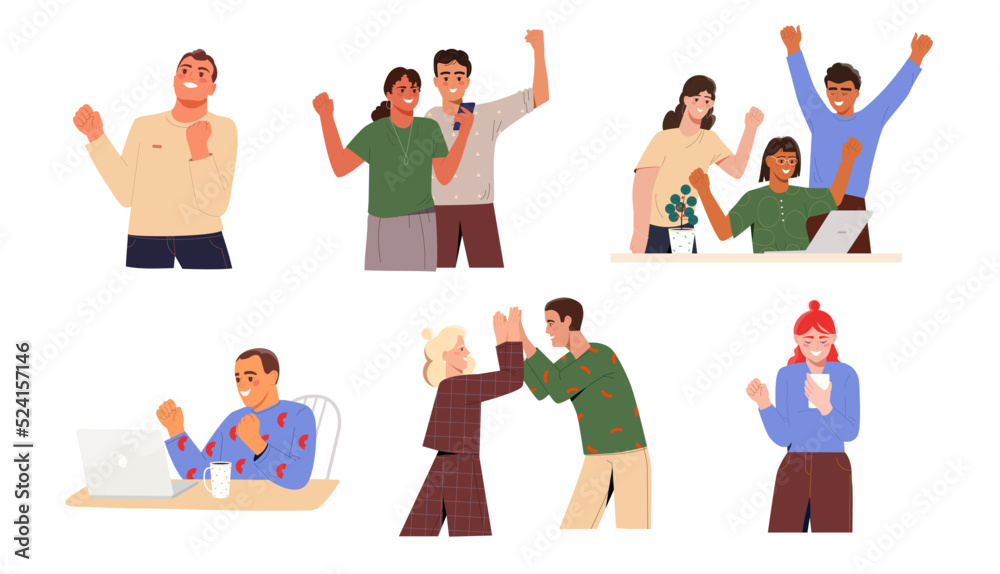Set of happy lucky people. Young men and women celebrate success or achievement of goal. Winners rejoice in victory. Smiling characters. Cartoon flat vector collection isolated on white background Set of happy lucky people. Young men and women celebrate success or achievement of goal. Winners rejoice in victory. Smiling characters. Cartoon flat vector collection isolated on white background