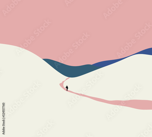 Man walking alone in the mountains with pink sky. Abstract contemporary aesthetic background landscape. Minimalist art and design