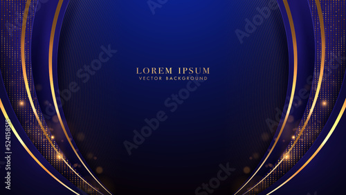 Blue luxury background with golden lines curve, shine dots effect and bokeh decoration. Elegant style design template concept