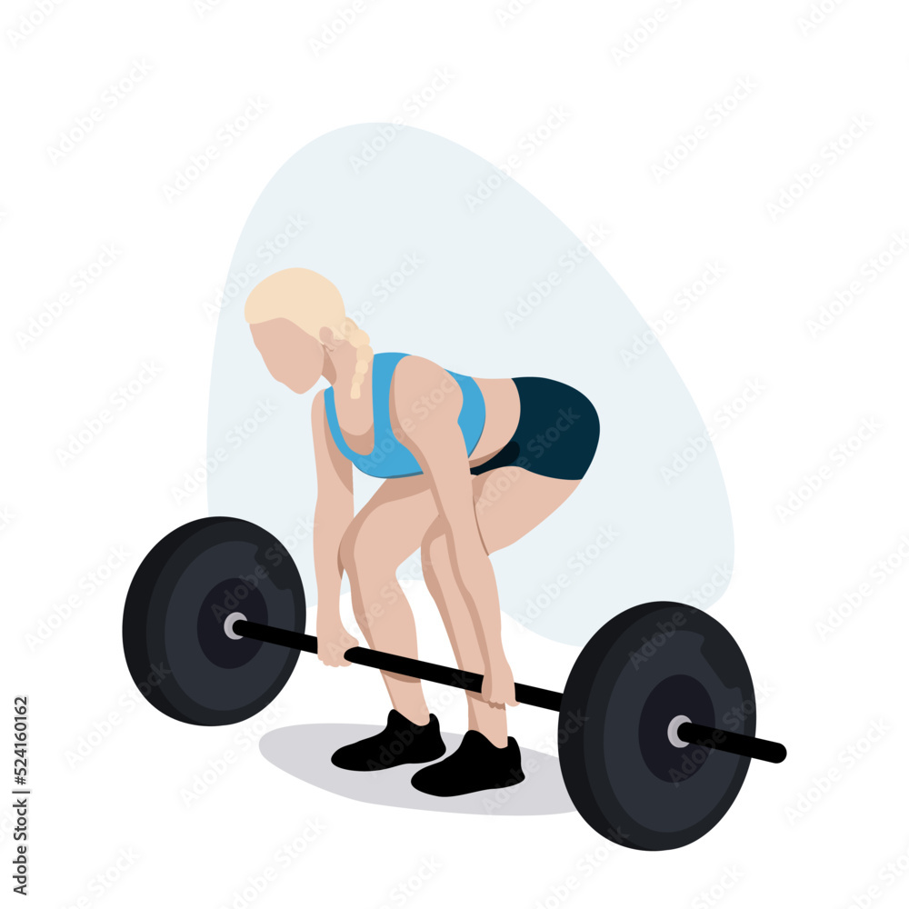 Obraz premium Kobieta podnosząca dużą sztangę. Martwy ciąg z ciężarem. Dziewczyna uprawiająca sport. Wysportowana sylwetka w stroju do ćwiczeń. Ilustracja wektorowa.