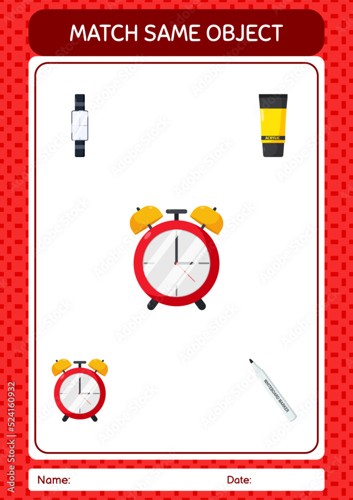 Naklejka premium Match with same object game waker clock. worksheet for preschool kids, kids activity sheet