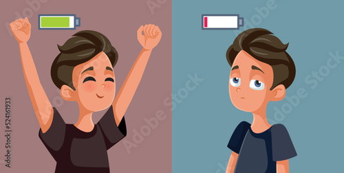 High and Low Energy Teen Boy Vector Cartoon Character. Adolescent feeling low in every after being in a good mood
