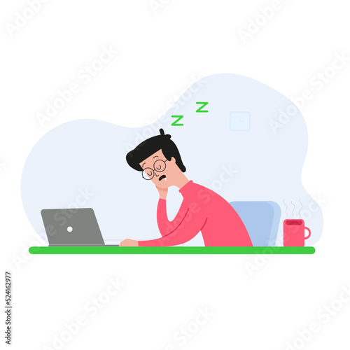 cartoon guy falls asleep on the table in front of his computer with a pink cup of coffee