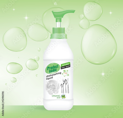 Dish wash soap ads. Realistic plastic dishwashing packaging with label design. Liquid wash soap with clean dishes and water splash. 3d vector illustration
