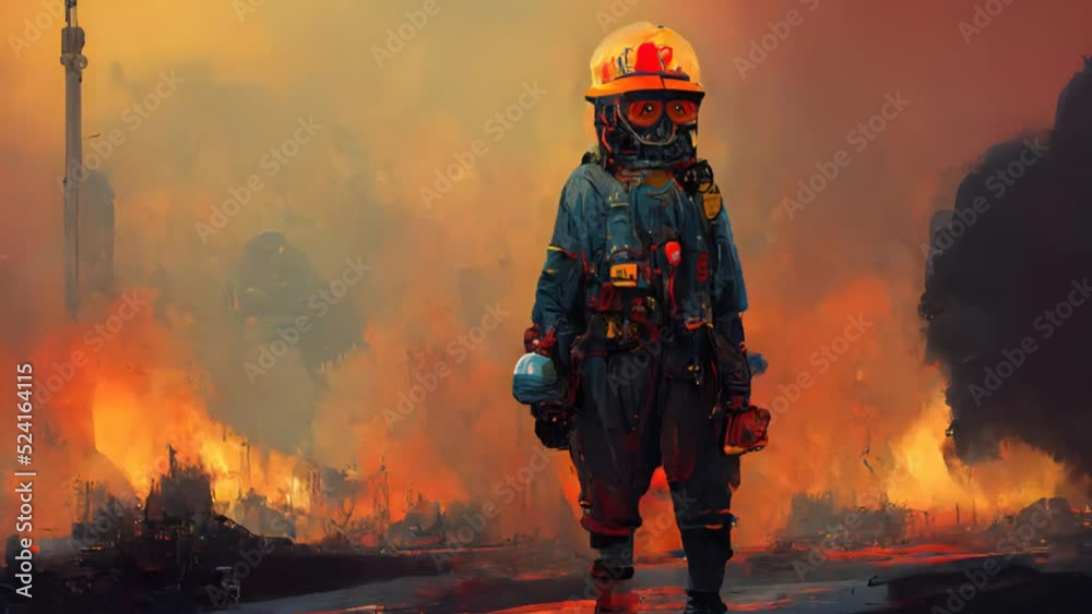 3D Painting, fire fighter surrounded by flames, Dolly Zoom, 4K 3D Painting, fire fighter surrounded by flames, Dolly Zoom, 4K
