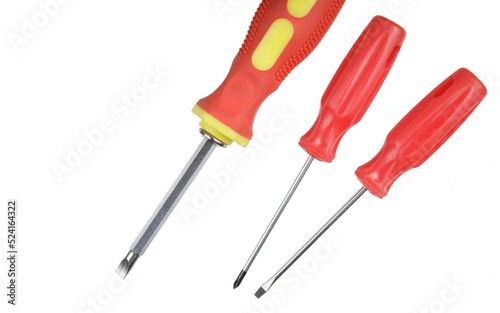 Flat Lay of a close up of screwdrivers and screws isolated on white background