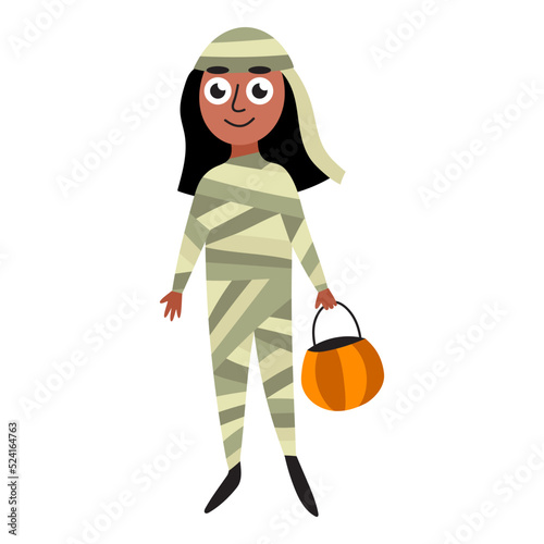 Teenager girl in mummy costume for Halloween vector illustration. Cartoon hand-drawn happy mummy girl with pumpkin bucket. Halloween party arabian or indian girl isolated on white