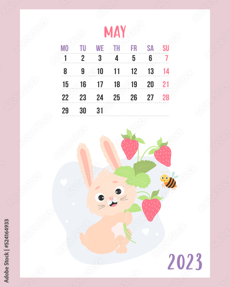 May 2023 calendar. Cute bunny with bouquet of strawberries and funny bee. Vector illustration. Vertical Template. Week from Monday In English. 2023 year rabbit to Chinese zodiac May 2023 calendar. Cute bunny with bouquet of strawberries and funny bee. Vector illustration. Vertical Template. Week from Monday In English. 2023 year rabbit to Chinese zodiac