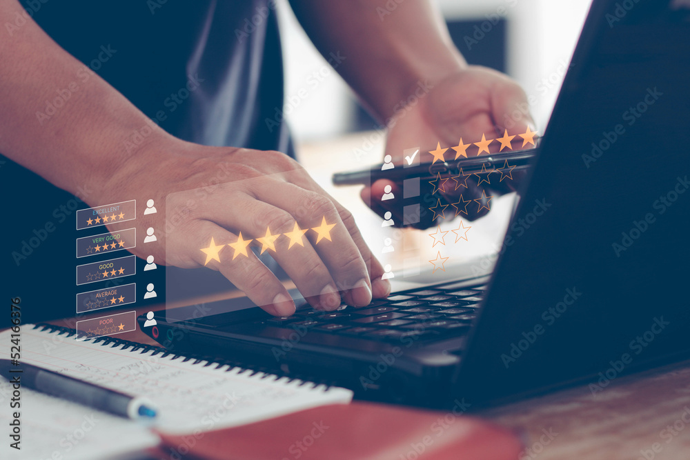 Fototapeta premium Customer review satisfaction feedback survey concept, User give rating to service experience on online application, Customer can evaluate quality of service leading to reputation ranking of business.