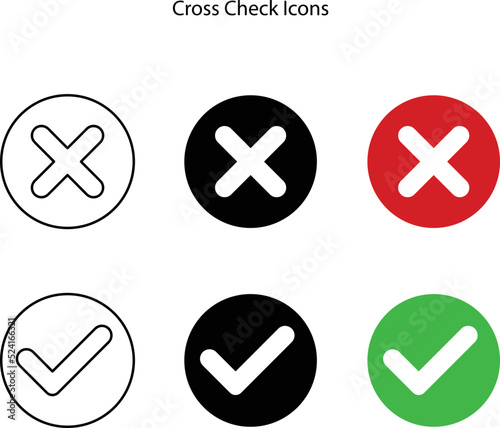 Check mark icon set, cross icon set, check list signs, approval badge. Vector illustration isolated on a white background. 