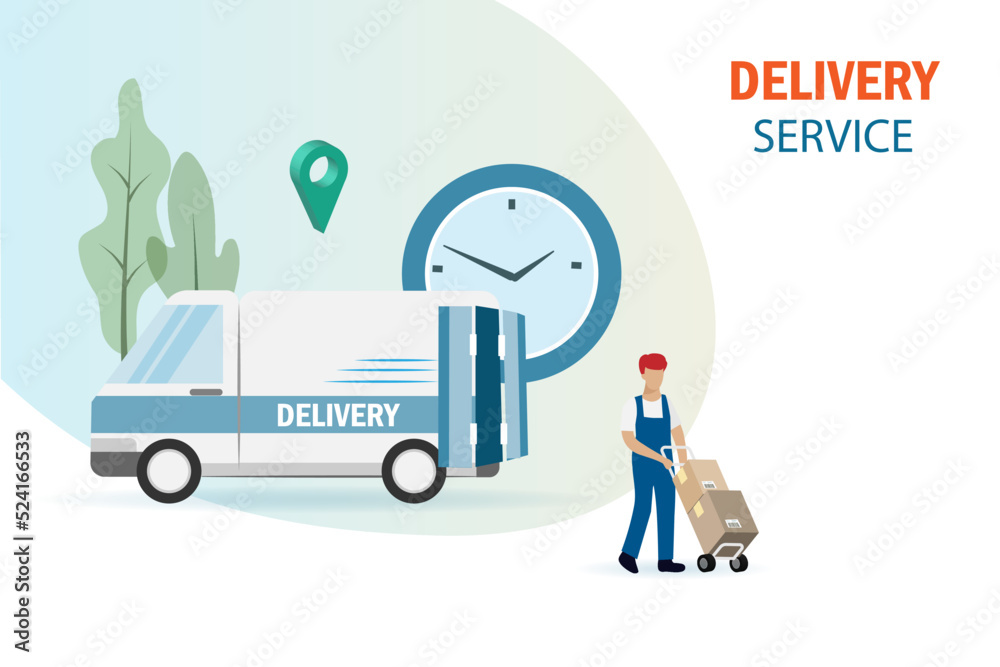 Delivery man on time delivery shipment with delivery truck and pin point map. Smart logistics and supply chain tracking system. Import export shipping freight transportation technology . Delivery man on time delivery shipment with delivery truck and pin point map. Smart logistics and supply chain tracking system. Import export shipping freight transportation technology .