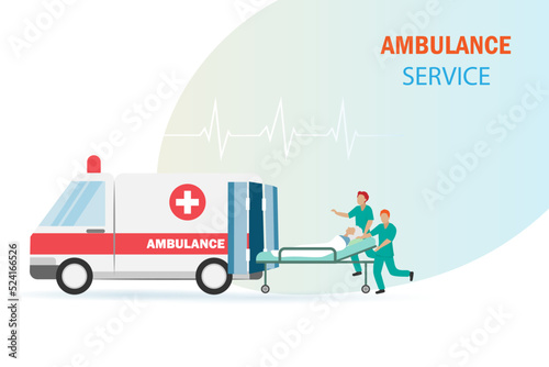 Emergency Ambulance service. Rescued team moving patient on stretcher for medical treatment at hospital. Medical emergency treatment