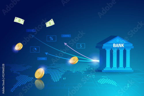 Digital finance and banking investment service in futuristic background. Bank building with online growth graph investment, secure money and financial innovation technology.