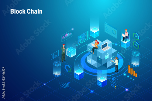 Block chain technology in workplace network connecting digital cube to big data visualization, online transaction security link, global business in futuristic background.