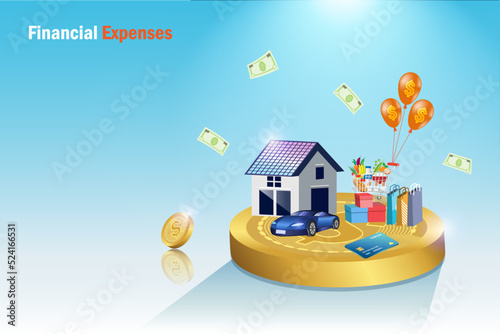 Financial expenses cost of living bills on money for home, car, shopping and credit card. Money management with fixed income on high cost of living, bill expense payment, debt stress.