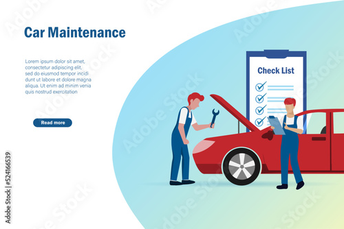 Car maintenance and auto repair service concept. Mechanician fixing and repairing car with check lists.