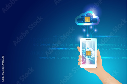 Hand hold smart phone with microchip online connect to cloud computing server. Digital cloud storage service with data transmission, network connecting technology. Intelligence data storage futuristic