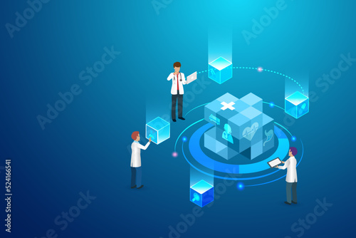 Doctor team with 3D block chain network technology research and diagnosis patient illness. Medical innovation technology and digital healthcare service develop patient treatment and people wellbeing