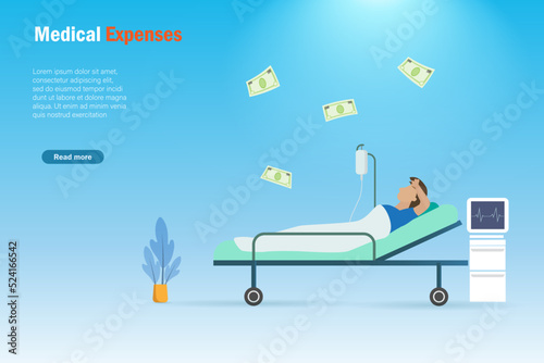 Patient in hospital bed with flying money, feeling worry with medical expenses. Idea for health insurance and financial investment planning for medical care.