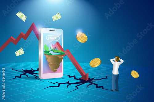 Metaverse land investment lost. Drop down investment graph with frustrated businessman losing money in virtual property investment. Failure virtual real estate trading concept.