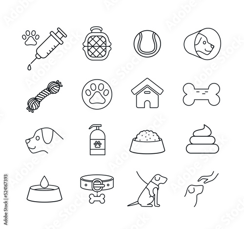 Dog pet line icon set. Domestic animal, dog toy, treats, snacks, pet house, harness.