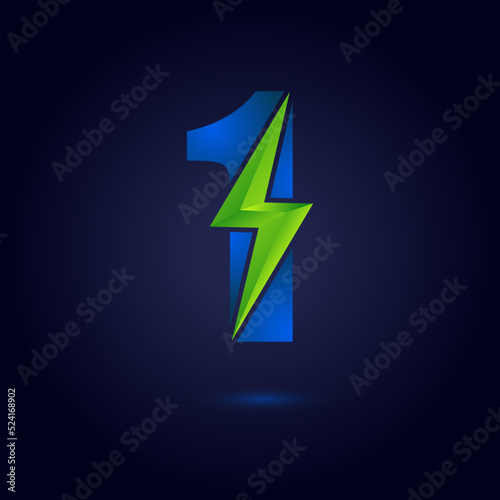 Number 1 Thunder Bolt Green Energy Logo Concept. Flash Icon.

