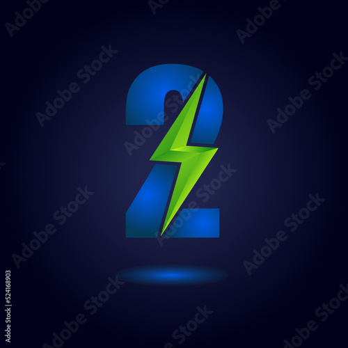 Number 2 Thunder Bolt Green Energy Logo Concept. Flash Icon.
