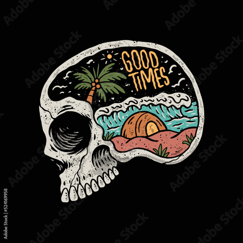 vintage old school skull surf beach illustration design
