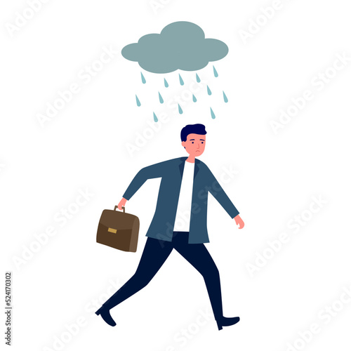 Unlucky businessman get wet under rain in flat design on white background. Bad luck concept vector illustration.