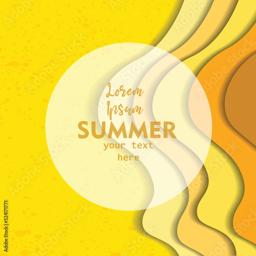 Summer sale banner with paper cut frame on yellow sea and beach summer background with curve paper waves and seacoast for banner, flyer, poster or web site design. Paper cut style, vector illustration