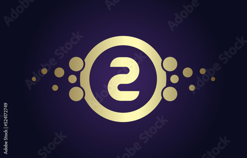Dots Number 2 Logo in a Gold circle frame and Purple Background. Vector design for banner, presentation, web page, card, labels or posters.
