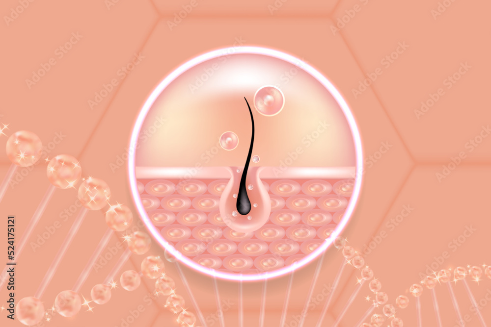 Hyaluronic acid hair and skin solutions ad, pink collagen serum drop over skin cells with cosmetic advertising background ready to use, illustration vector.