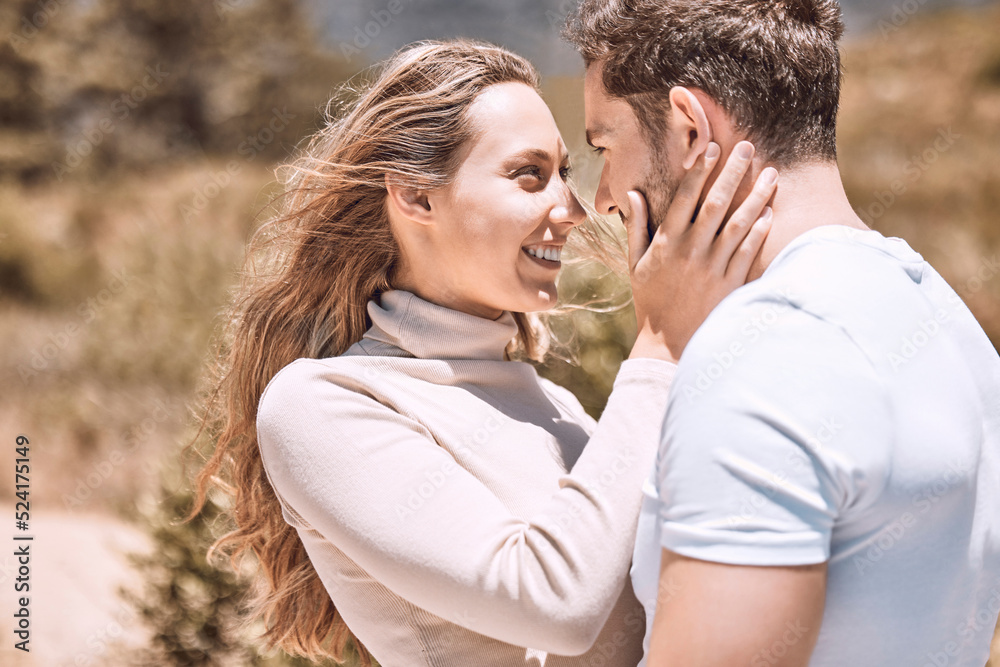 Love, romance and dating with an affectionate young couple standing