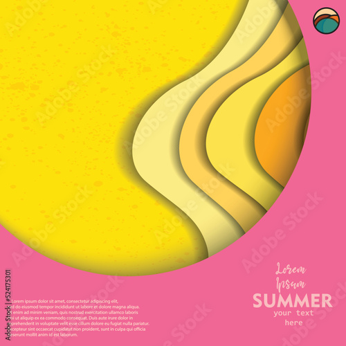 Paper cut out round frame with abstract colorful sea summer background with curve paper wave and seacoast for banner, poster or web site design. Paper cut style, sea waves text, vector illustration